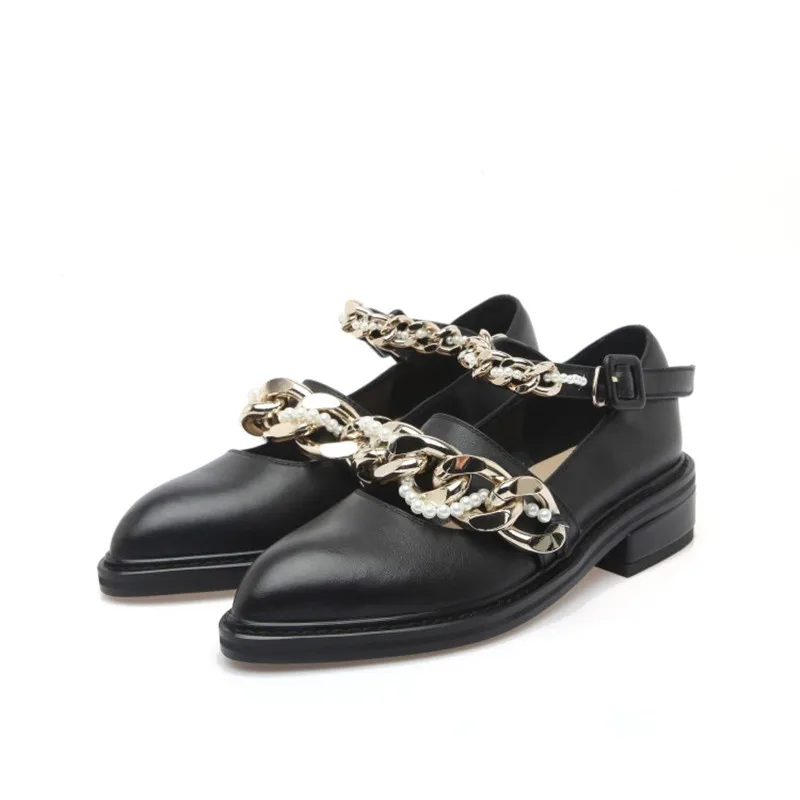 

Обувь Ochanmeb из натуральной коровьей кожи, Женские Дизайнерские Туфли Мэри Джейн черного и белого цвета с жемчужинами и золотистой цепочкой, ...