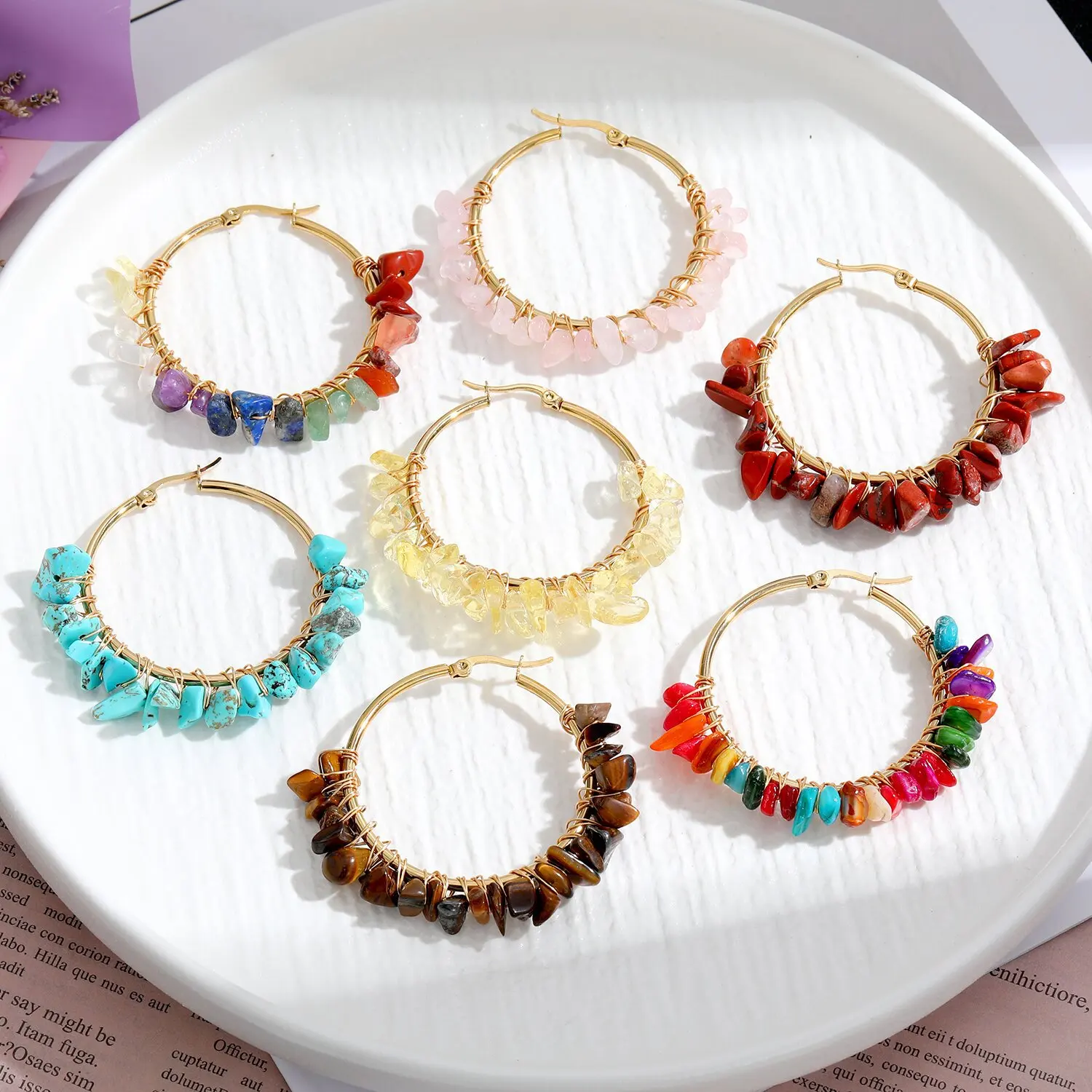 

Bohemian Natural Stone Hoop Earrings For Women Stainless Steel Colored Handmade Earrings Fashion Designer Earrings Jewelry New