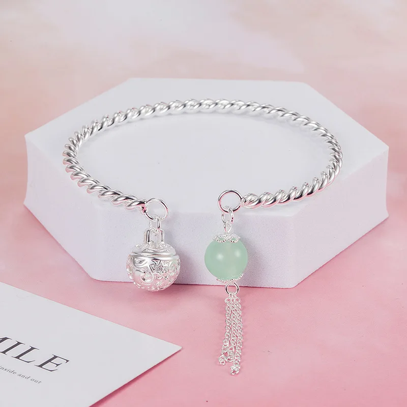 

KOFSAC Elegant Cute bell Bangle For Women Vintage 925 Silver Jewelry Exquisite Crystal Jade Tassel Bangles Girlfriend Gift