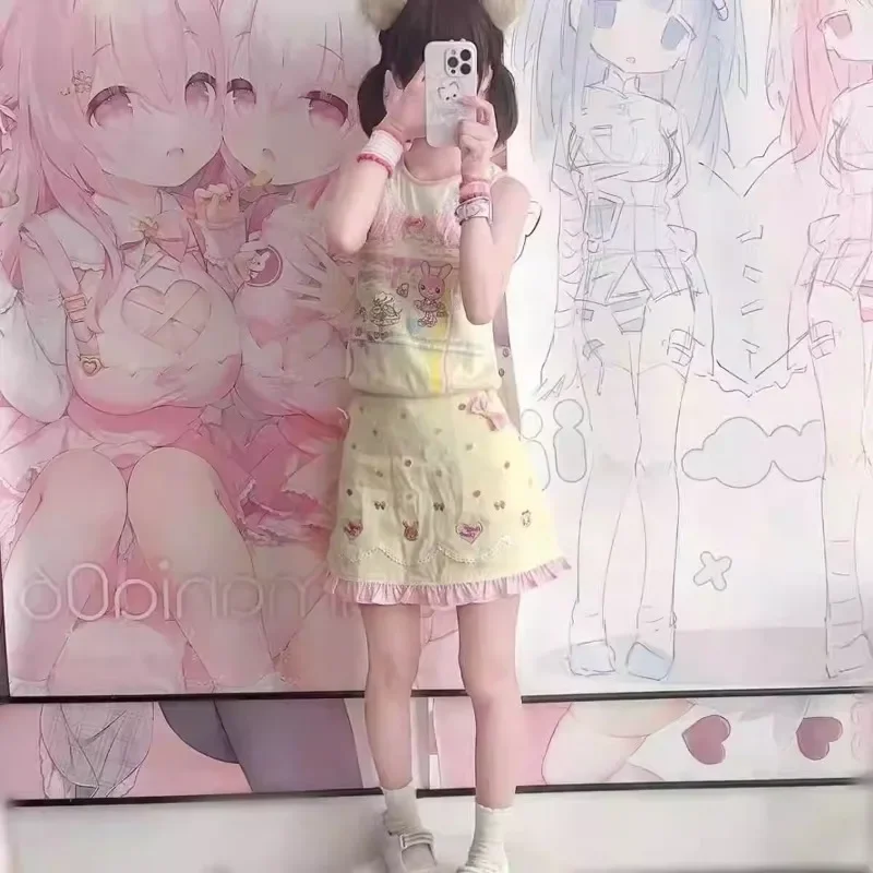 Kawaii Эстетическая юбка с рюшами для девочек женская милая мини-юбка бантом и