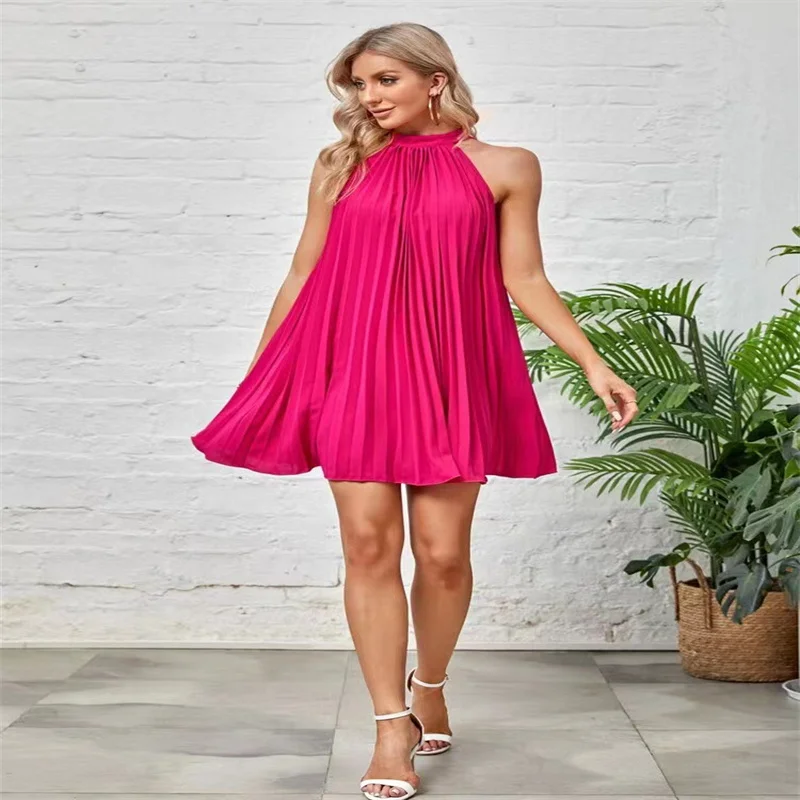 

2023 Summer Women's New Collection Rose Red Elegant Solid Color Pleated Sleeveless Stand-up Collar Bowknot Tied Dress Dress