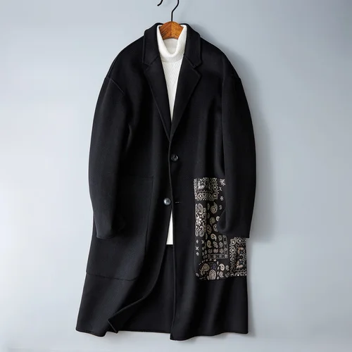 

2023 Winter New Double-sided Coat Men's Lapel Casual Chinese Style Printed Medium Woolen Jacket for Men Trendy Chaqueta F