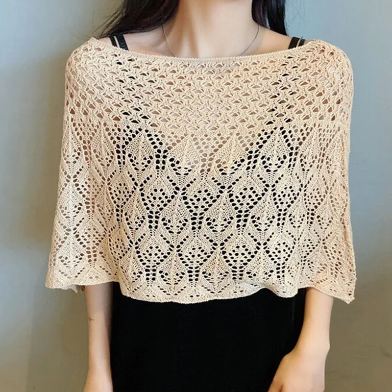 

Summer Short Ice Silk Cotton Blouse Pullover Women Fake Collar Neck Guard Cloak Scarf Korean Knit Hollow Crochet Lace Shawl Q53