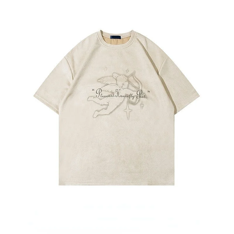 

Japanese Retro Creative Angel Print Buckskin Velvet Short Sleeve T Shirts Men and Women Trendy Tees