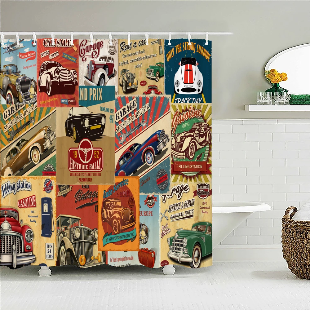

Vintage Classic Car Print Shower Curtain Creative Bathroom Fun Shower Curtain Waterproof Bathtub Partition Decoration with Hooks