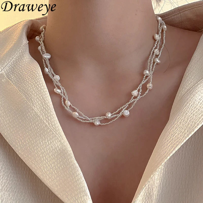 

Draweye Baroque Pearls Jewelry for Women Multilayer Korean Fashion Elegant Necklace Beads Irregular Vintage Collares Para Mujer