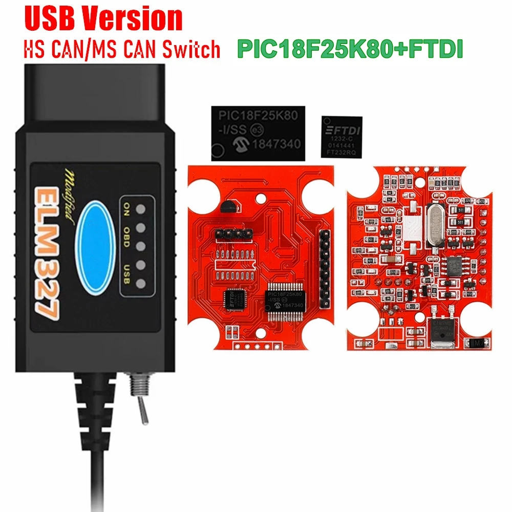 

ELM327 USB V1.5 переключатель MS/HS CAN PIC18F25K80 FT232RQ автомобильный диагностический интерфейс ELM 327 ForScan поддержка скрытой функции ELM 327