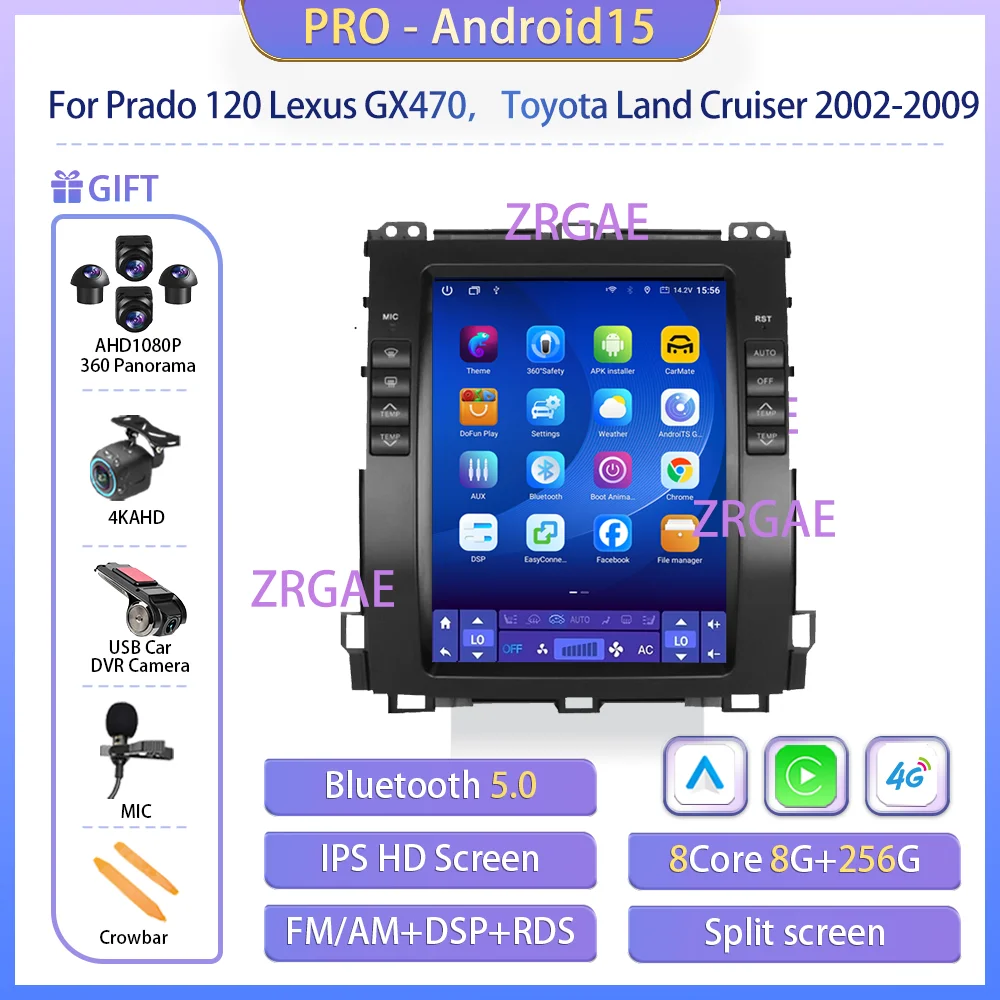 

Автомобильный радиоприемник Android15 для Prado 120 Lexus GX470 для Toyota Land Cruiser 2002-2009, мультимедийный видеоплеер, стиль Tesla Carplay Nav