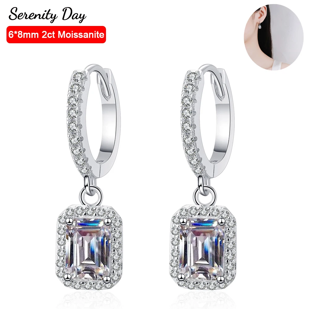 

Serenity Day Real D Color 6*8mm 2 Carat Emerald Cutting Moissanite Hoop Earring For Women 100% S925 Sterling Silver Fine Jewelry