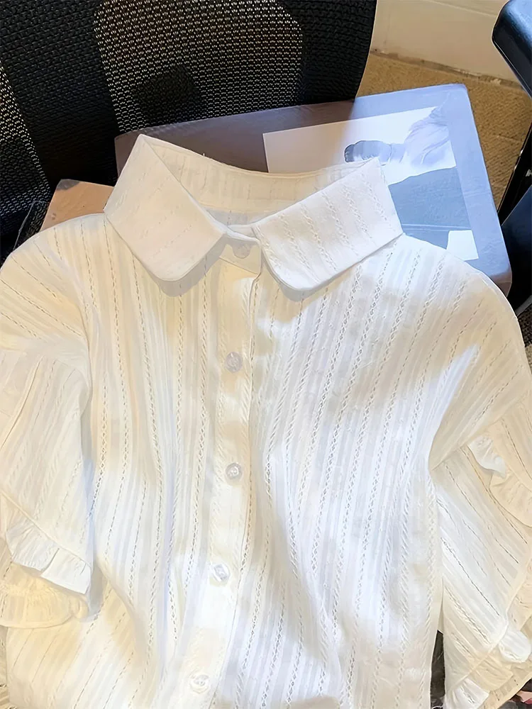 Осень 2024 бежевые шифоновые рубашки с расклешенными рукавами женские милые