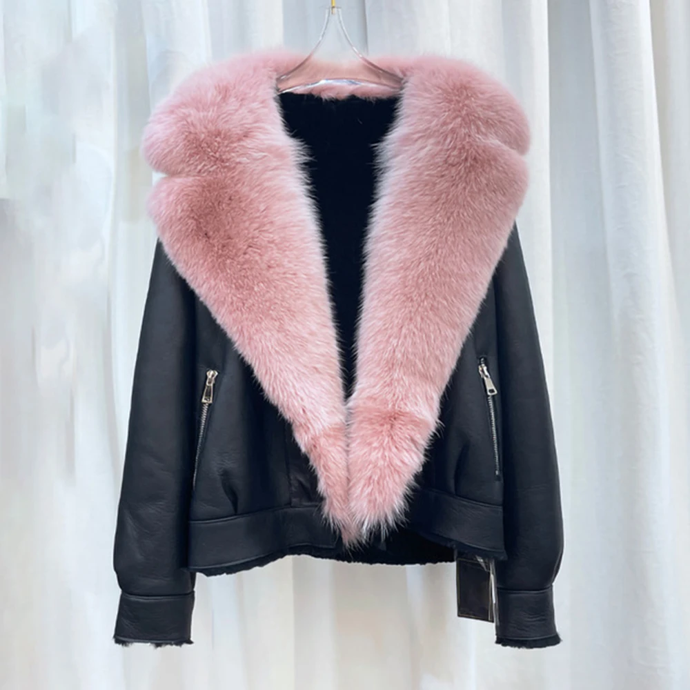 2022 New Lady Leather Jacket Big Real Fox Fur Collar Shearing Coats Lamb Fur Lining Winter Warm Genuine Sheepskin Overcoats 8608