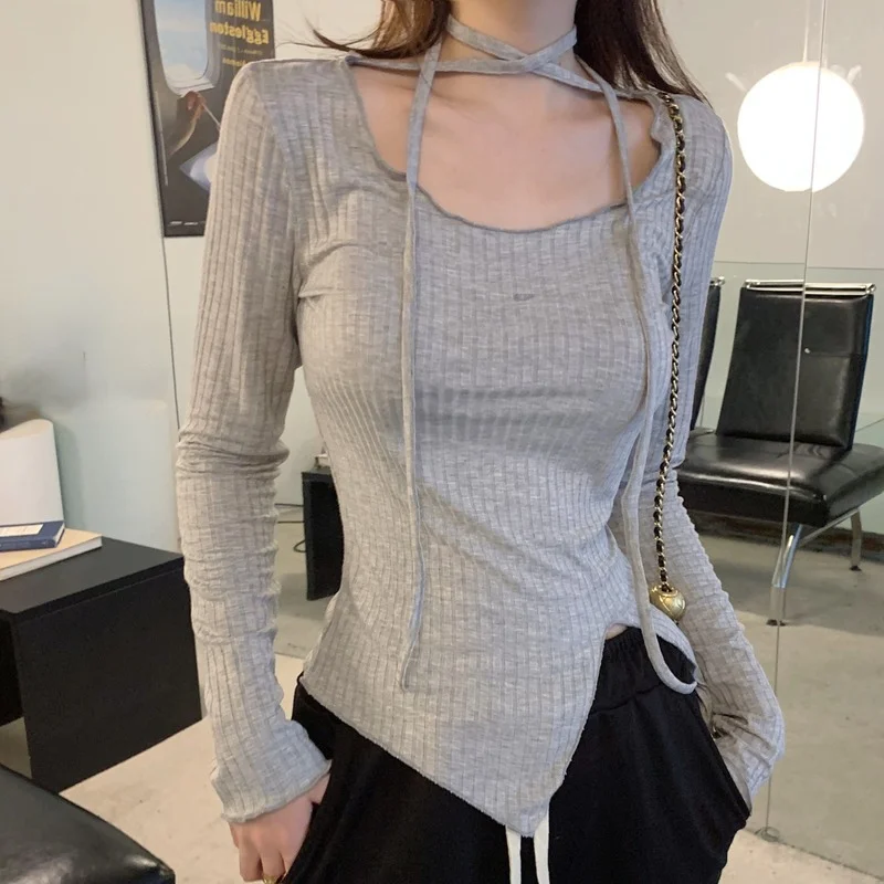 

Korean Style Design Sense Tie Knit T-shirt Women's Slim Bottoming Shirt 2022 Early Autumn New Gray Tops