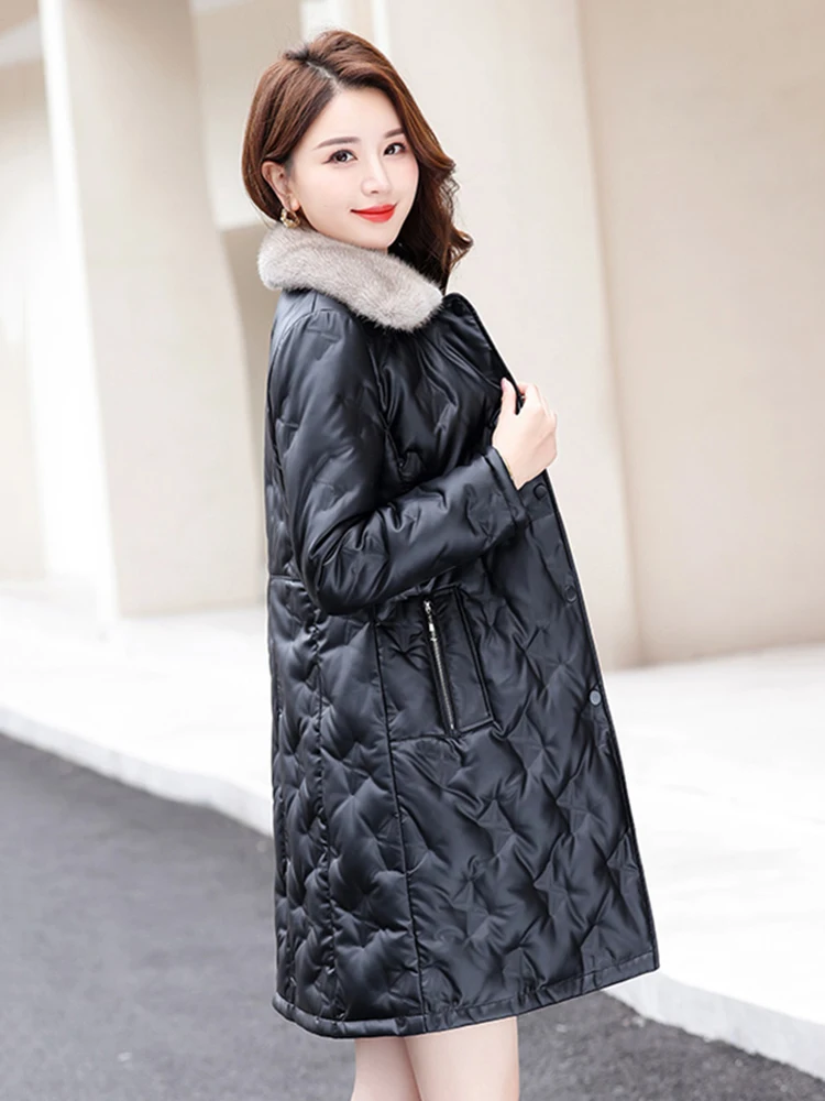 New Women Leather Down Coat Autumn Winter Casual Fashion Real Mink Fur Collar Medium Long Thick Warm Sheepskin Down Outerwear