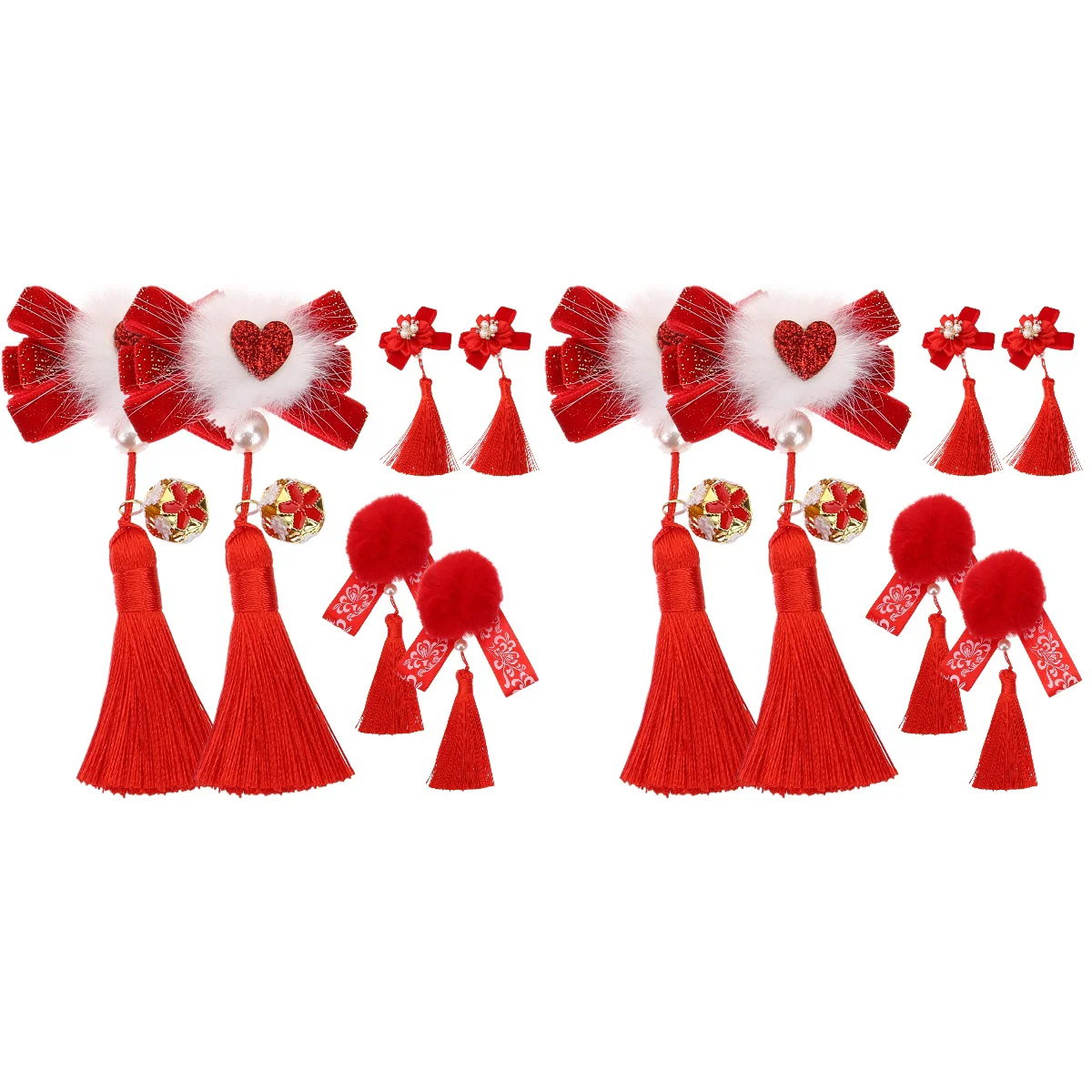 

6 Pairs Chinese Traditional Tassel Hair Barrettes Furry Balls Flowers Hairpins