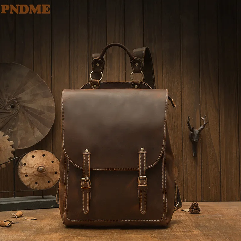 PNDME retro fashion crazy horse cowhide Man 16-inch laptop computer backpack daily outdoor travel large capacity brown rucksack