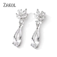 zakol white color water drop cubic zirconia dangle earrings for women fashion bridal crystal flower shape wedding jewelry ep2972