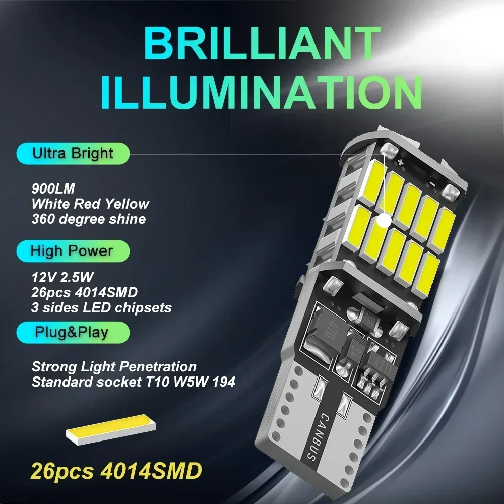 Фото 10 шт. W5W T10 Светодиодные лампы Canbus 4014 26SMD 6000K 168 194 Led 5w5 Автомобильный салон купола для чтения номерного знака Сигнальная лампа 12 В №2