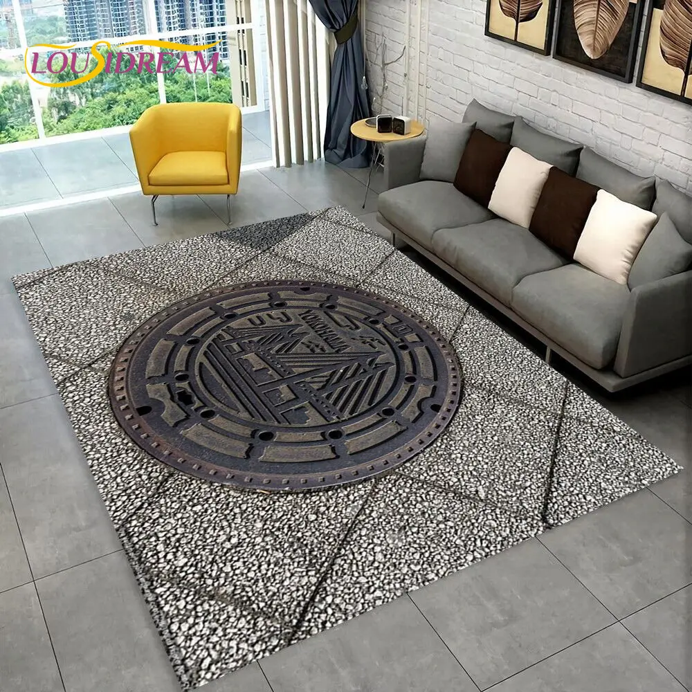 

3D Art Manhole Cover City Area Rug,Carpet Rug for Home Living Room Bedroom Sofa Doormat Kitchen Decor,kids Non-slip Floor Mat HD