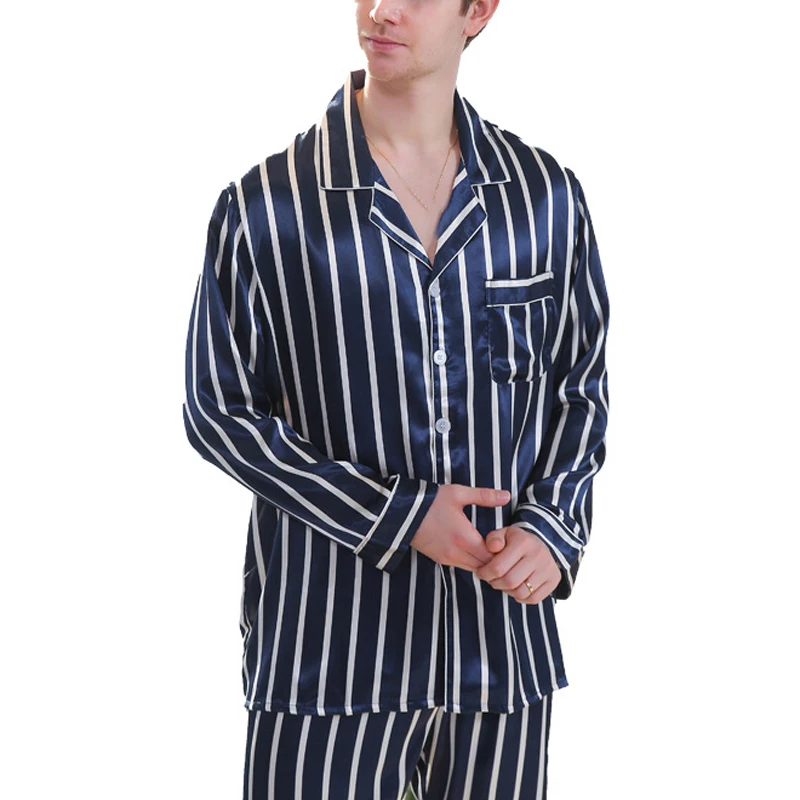 

Men Sleepwear Stripe Long Sleeve Nightwear Lapel Pocket Underwear Ultra-Thin Silky Pajama Set Breathable Casual Homewear
