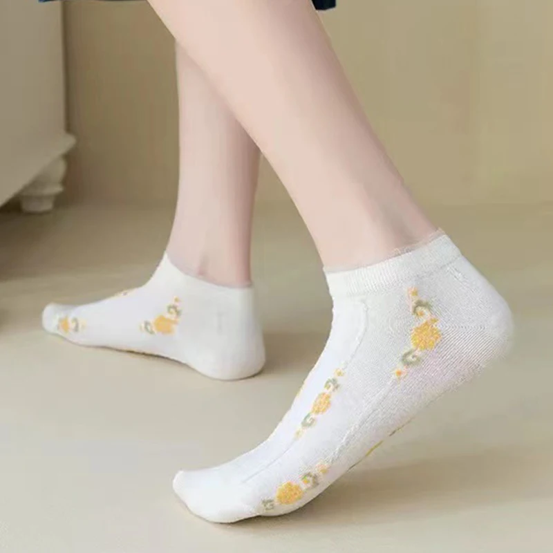 10 Pairs Print White Socks Women Kawaii Summer Short Mesh Transparent Cotton Socks Ankle Happy Fish Net Sexy Thin Calzini Donna