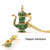 retro enamel teapot necklace exquisite painted personality necklace green pendant women fashion jewelry pattern necklace gifts