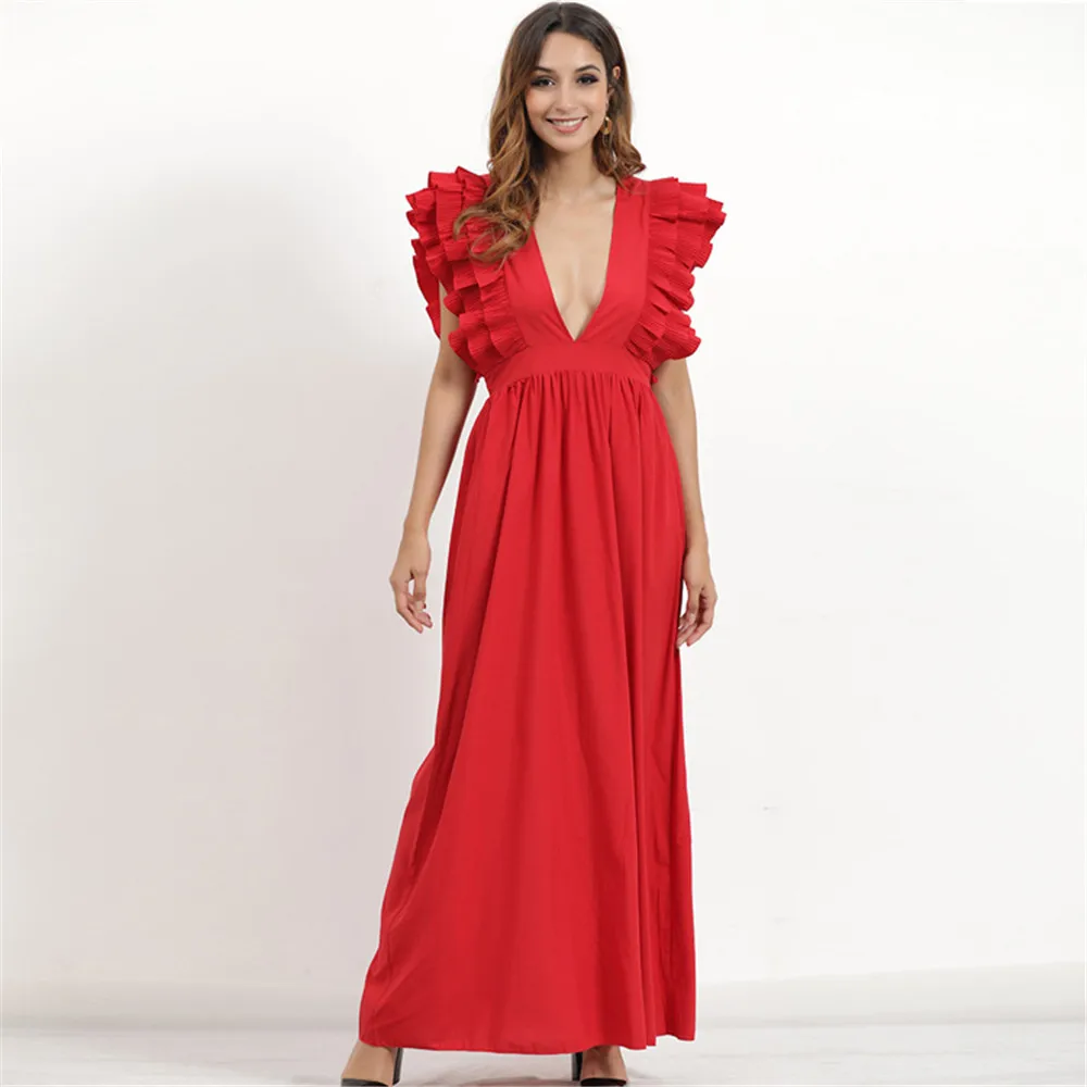

Women's Dress Solid Color Deep V-neck Sexy Evening Dress Chiffon Layered Fungus Edge Design Long Skirt Summer New Fashion 2022