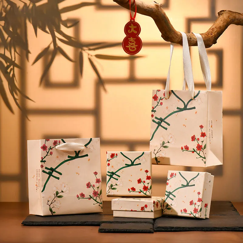 24pcs Chinoiserie Style Paper Tote Bags With Ribbon Gift Creative Festival Jewelry Packaging Bag Wedding Favors Candy Boxes