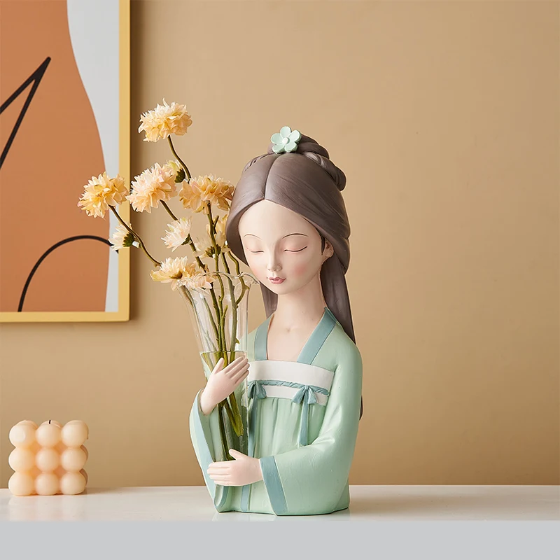 

Ancient Chinese Girl Small Sculpture Creative Home Decoration Tabletop Flower Arrangement Ornament Living Room Decor Resin Vase
