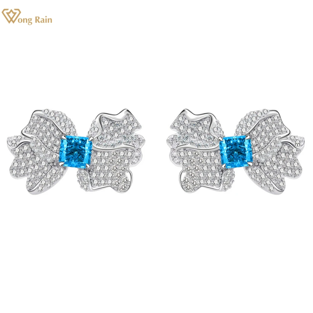 Wong Rain Luxury 925 Sterling Silver Bowknot Aquamarine High Carbon Diamonds Stud Earrings Wedding Party Jewelry Drop Shipping