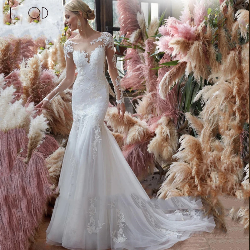 

I OD Elegant Bridal Gown Mermaid 3D Lace Applique Wedding Dress 2023 Sceep Long Sleeve Suknia Slubna Covered Button Court Train