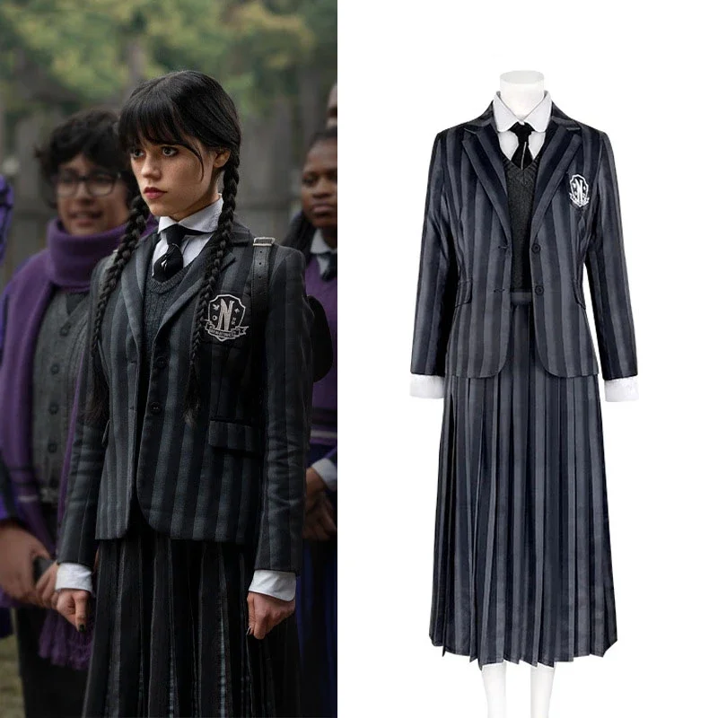 

Movie Series Wednesday Addams Cosplay Costumes Schoolgirl Nevermore College School Uniform Suit Wig Girl Halloween Party 2022