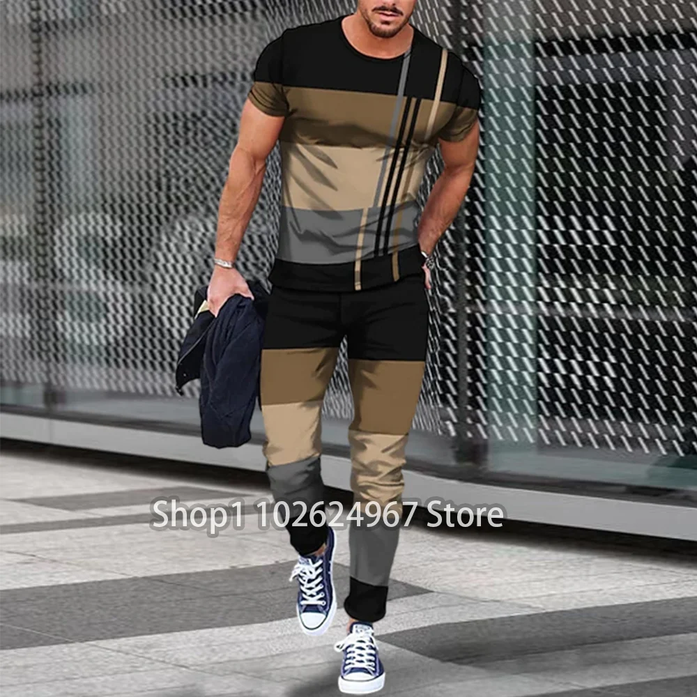 2023 Summer Men's New Extra Large 3D Striped Checkered T-shirt+Pants Two Piece Fashion Casual Street Sportswear Europe