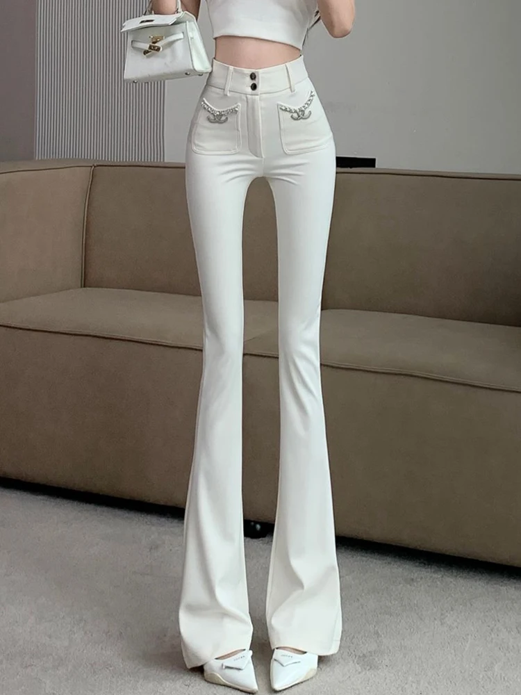 Белые микро расклешенные Костюмные брюки для женщин на весну и осень с высокой