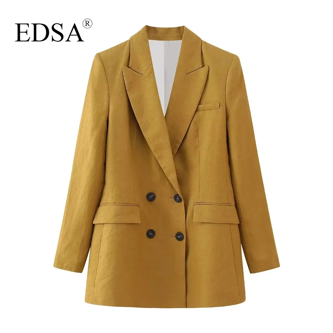 

EDSA Women Fashion Caramel Double Breasted Linen Blazer with Padded Shoulders Lapel Collar Long Sleeve Flap Pockets Jacket Coat