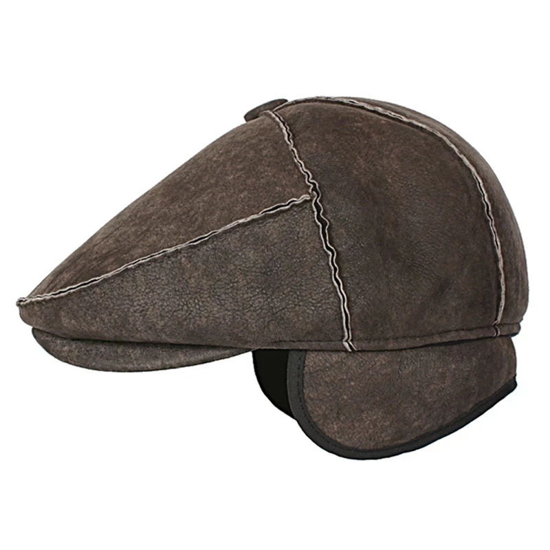 high-end Import Top Real Wool Fur Visors For Men Women Sheepskin Fur Peaked Caps All Match Winter Outdoor Warm Ear Protection Ha