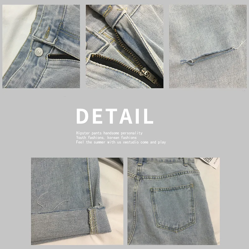 Denim Shorts Men's Loose Fashion Pierced Jeans Summer Thin Five Point Pants Handsome Straight Trousers Male Bottoms Plus Size