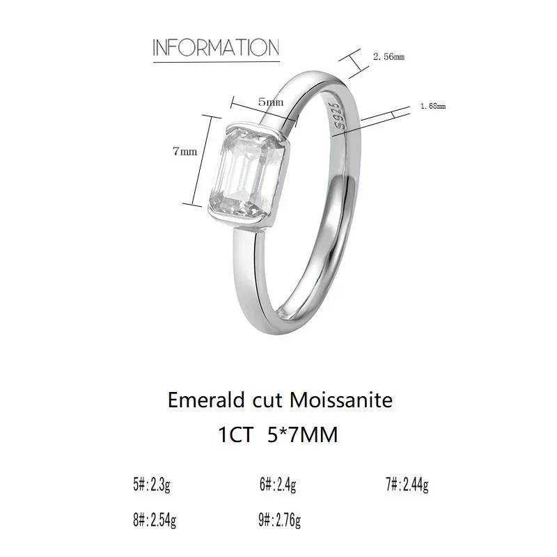 Halaile D Цвет 1CT Изумрудная огранка Муассанит S925 Кольцо-пасьянс из стерлингового