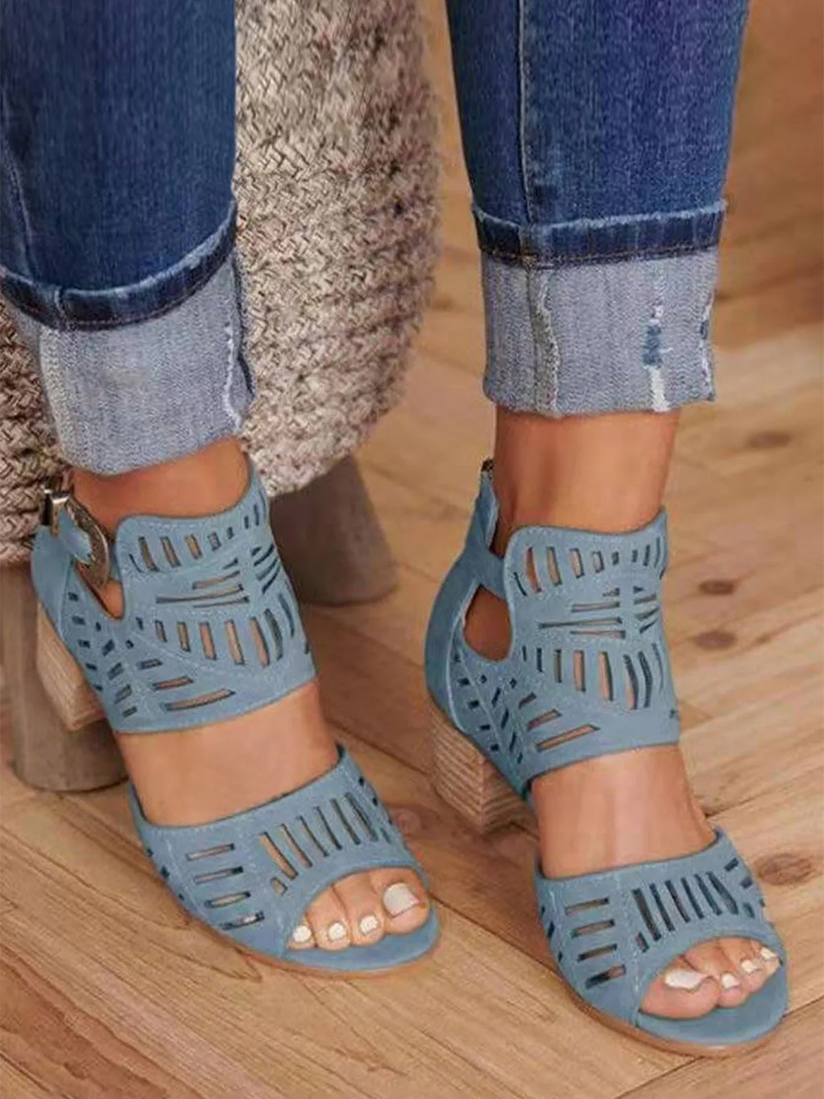 

New Strap Zipper Hollow Out Blue Square Heel Sandals Peep Toe Sandals Women Sexy Heel Cross-Tied Pumps Summer Shoes Ankle Strap