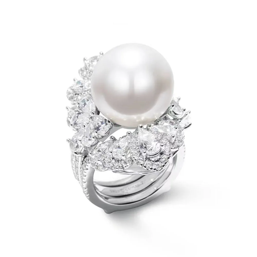 

HOYON роскошное и преувеличенное искусственное жемчужное кольцо Beimu с инкрустированным бриллиантом и цирконием, Женское кольцо, элегантное и изысканное ювелирное изделие 925 пробы