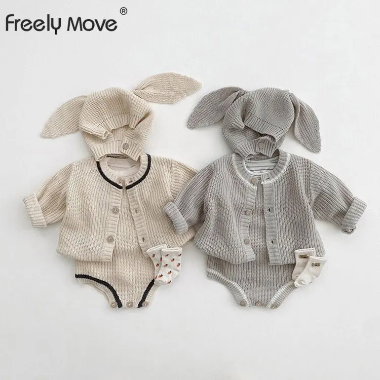 Freely Move Newborn Clothes Baby Knitted Sweater Set 2022 Autumn Solid Color Boy's Fashion Suit Cardigan Suspender Romper+Hat