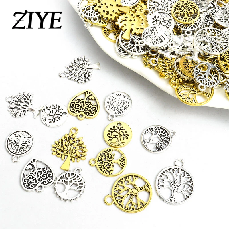 

10 шт. подвески из сплава дерева жизни, античные серебряные/Золотые круглые подвески в форме сердца с растениями для украшения