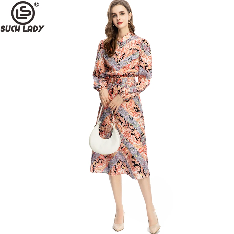 Women's Runway Two Piece Dress O Neck Long Sleeves Printed Blouse with Floral Skirts Fashion Twinsets