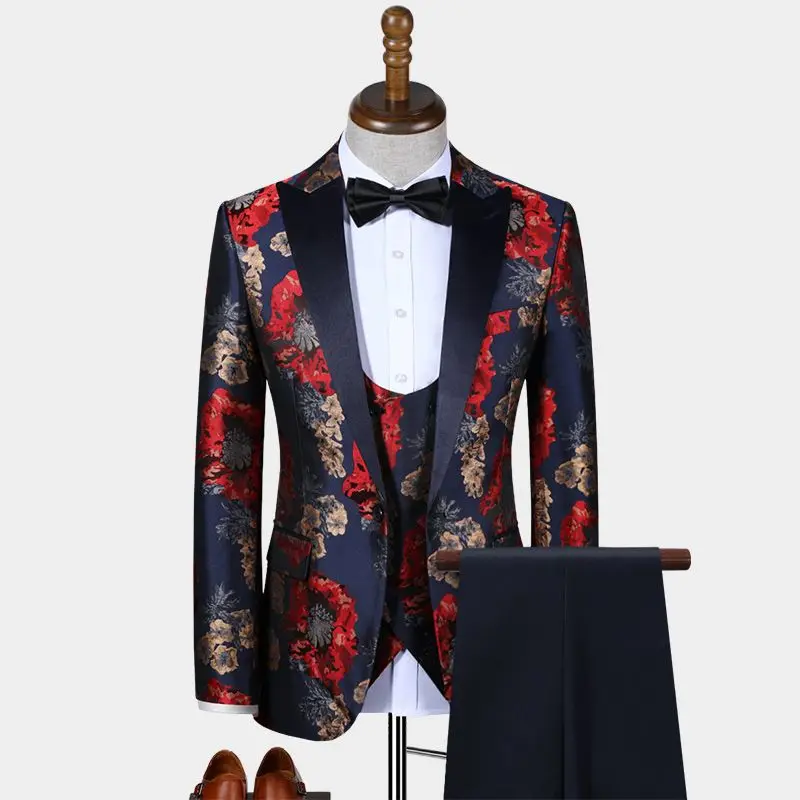 Men Suit Set 3 Pieces Costume Homme 2022 Fashion Formal Tuxedo Floral Terno Masculino Slim Fit Blazers Groom Suit For Wedding