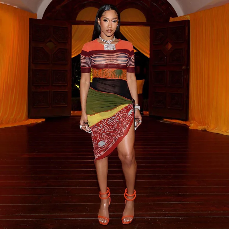 

Women's Vintage Stripe Print Mini Dress, Sexy Party Club Mesh, See Through Streetwear, Bodycon, Irregularly, Summer Clothes 2023