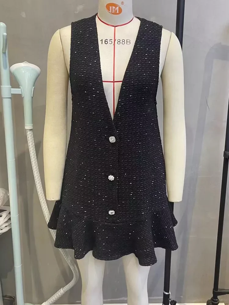 

ZEVITY New Women Vintage V Neck Diamond Buttons Tweed Mini Vest Dress Lady Chic Sleeveless Hem Ruffles Casual Vestido DS9217