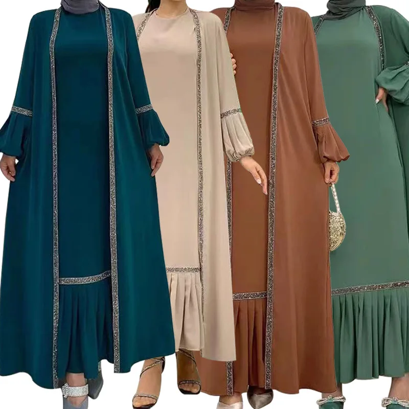 New Middle East Muslim Dress Set Long Sleeves Muslim Coat Sequins Patchwork Cardigan and Dress Pleats Bottom Party Gowns