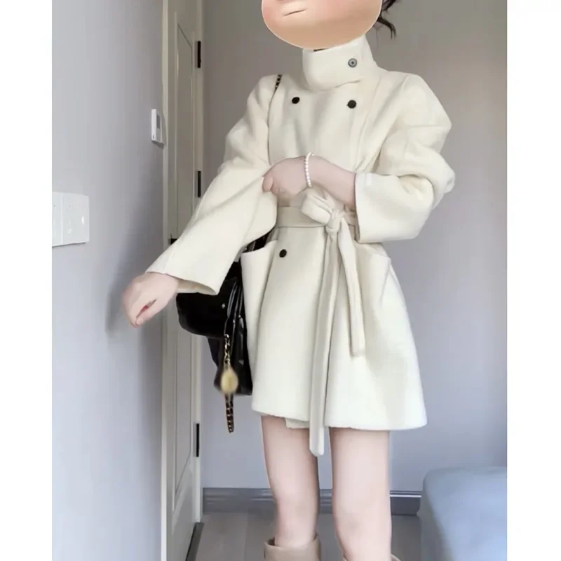 Элегантное шерстяное пальто средней длины белое корейское для женщин осень/зима