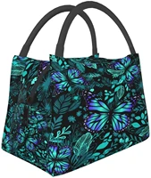blue floral with butterflies lunch bag insulated boxtote adult men women reusable work office school large picnic