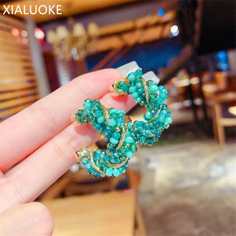 

XIALUOKE Crystal Glass Beads Winding Geometric Stud Earrings For Women Vintage Personality Hoop Earrings Party Jewelry