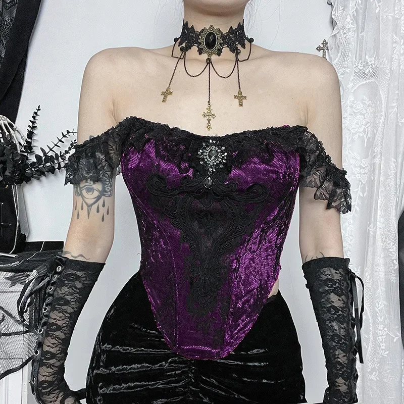 Фото IMU Crop Renda Gotik, Pakaian Punggung Terbuka Ruffle Atasan Pendek Seksi Motif Grafis Goth Hitam Mall Camis Harajuku Estetika №4